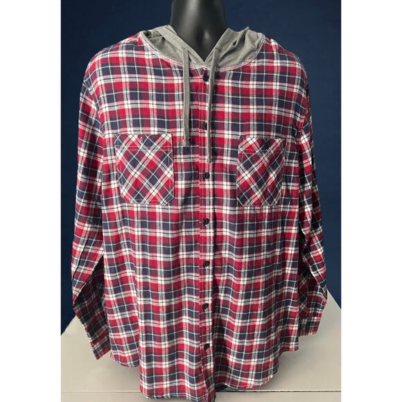 New UNIONBAY Men’s XL Flannel Shirt Hoodie Red Plaid Button Down Long Sleeve - Picture 1 of 12
